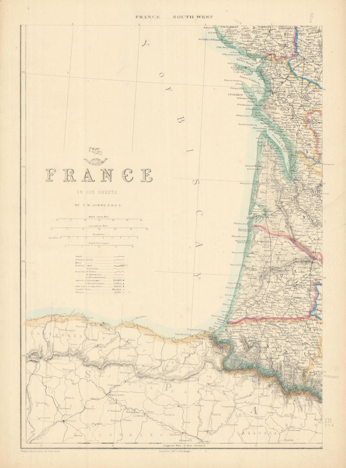 FRANCE SOUTH WEST COAST. Charente Vendee Gironde Landes Pyrenees.LOWRY 1863 map